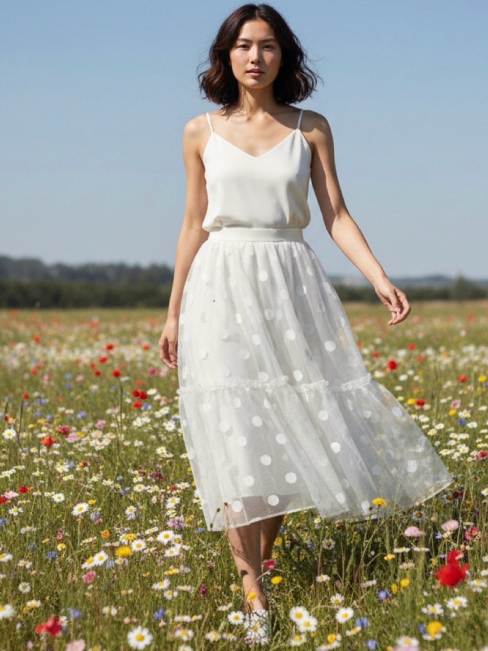NWT Anthropologie Eva Franco Tulle Midi Skirt White/ polka dots size LP